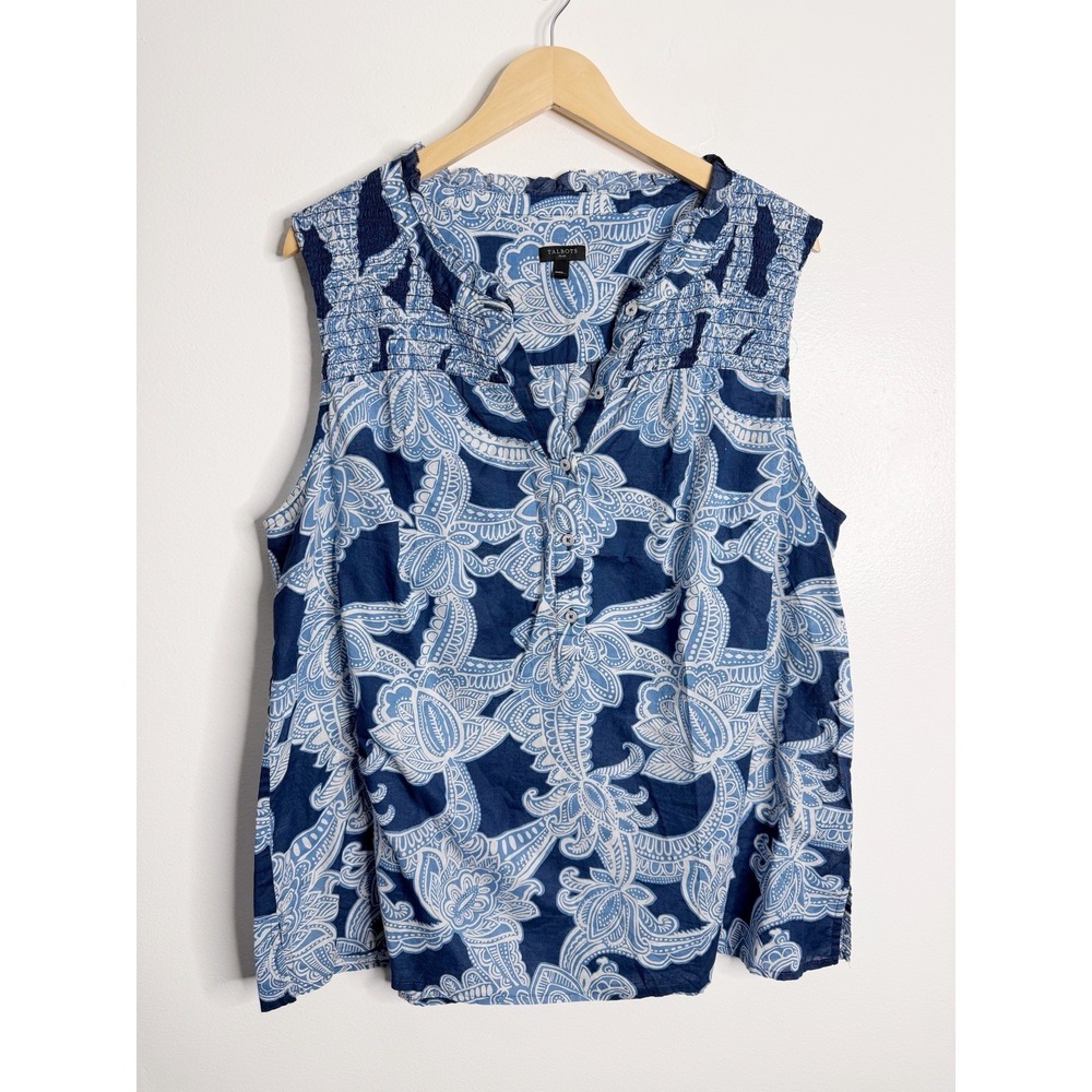 Talbots Navy and White Sleeveless Paisley V-Neck Blouse - Picture 2 of 7
